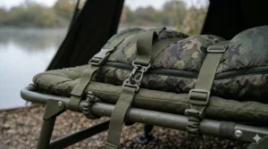 Secure fixing straps attaching a 3-season sleeping bag to a standard UK fishing bedchair.
