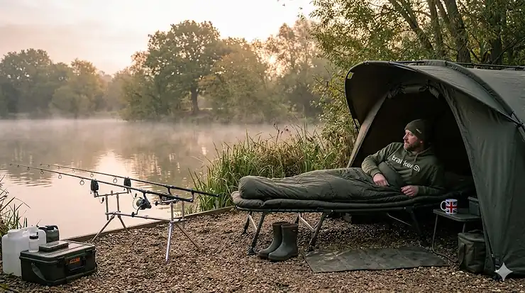 A premium carp fishing sleeping bag set up on a bedchair, designed for warmth and comfort during overnight sessions on a British lake. carp fishing sleeping bags