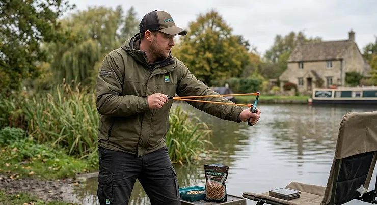 Angler using one of the best fishing catapults to bait a swim accurately. best fishing catapults