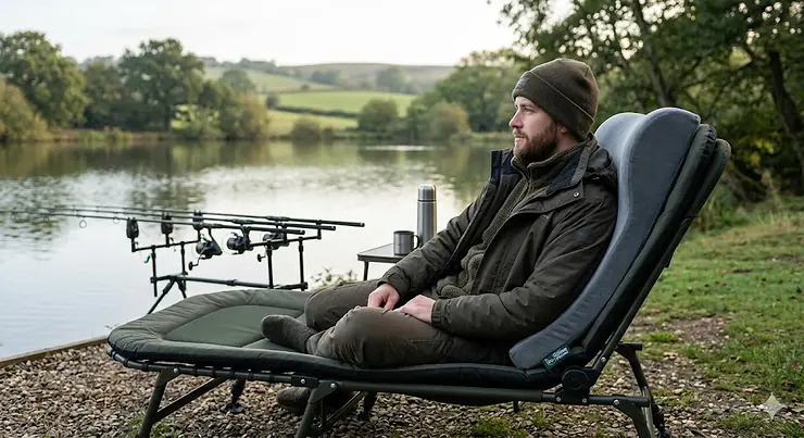 A selection of the best fishing pillows for comfortable overnight carp fishing trips, showing ergonomic support designs on a British riverbank. best fishing pillows