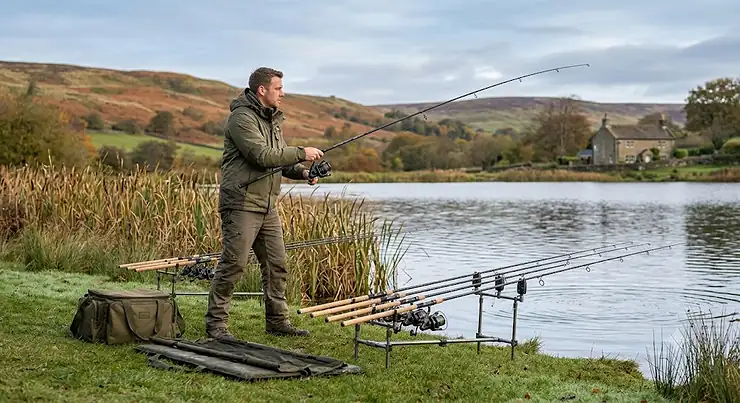 A selection of the best pike fishing rods resting on specialised bankside rod rests next to a misty British river during autumn. Best Pike Fishing Rods