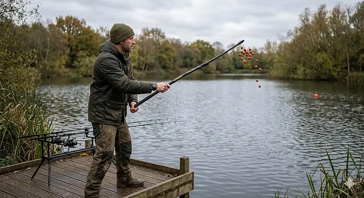 An angler using a lightweight throwing stick to bait up a carp fishing swim with boilies. throwing sticks for boilies