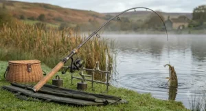 A compact 10-foot pike fishing rod resting against the gunwale of a fishing boat on a large Scottish loch.