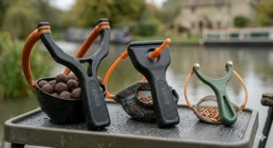 Angler using a specialist boilie pult to reach distant fishing spots.