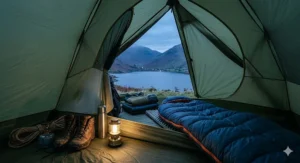 A view from inside a tent showing a 4-season sleeping bag on a mat, alongside camping gear and a lantern, overlooking a serene lake at dusk.