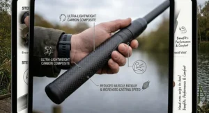 A close-up of a carbon fibre throwing stick, highlighting its lightweight construction.