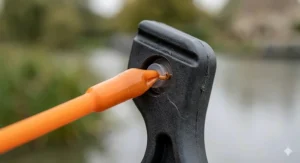 Close-up of a high-quality carp fishing catapult showing durable elastic.