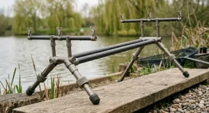 A set of three-rod, grey anodised aluminium buzz bars, featuring the signature textured knurling, resting independently on banksticks in a natural lakeside setting.