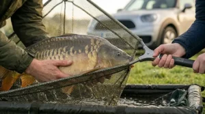 Detailed shot of hands holding the handle and frame of a carp landing net with a fish inside.