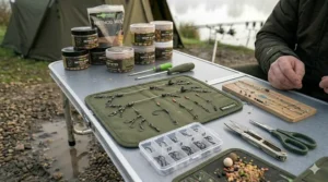 Organised carp fishing tackle, including rig tools and terminal gear, displayed on a bait preparation table.