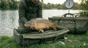 An angler providing essential fish care, ensuring the carp is comfortable within a wet weigh sling and positioned correctly on the unhooking mat.