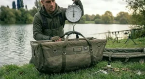 Traditional brass Reuben Heaton fishing scales clearly showing the weight of a common carp suspended within a technical weigh sling.