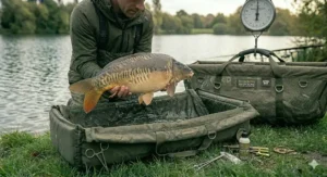 A side-profile perspective capturing an angler securely cradling a large carp supported by a robust weigh sling, showcasing safe lifting technique.