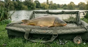 A prominent mirror carp resting securely within the folds of a wet weigh sling on a cushioned green unhooking mat beside a lake.