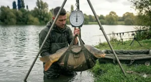 An angler standing in shallow water, supporting a large carp safely within a buoyant weigh sling, minimizing the time the fish is out of water.