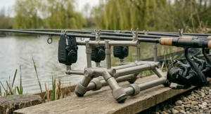 A compact, low-profile two-rod pod configuration using the master grey anodised aluminium components, sitting tightly on a wooden plank.