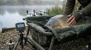 A 3-season fishing sleeping bag packed into its waterproof compression sack for easy transport.