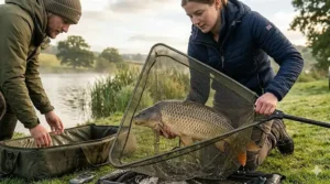 Two anglers lifting a large carp in a soft-mesh landing net above a protective cradle.