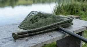 Close-up of a lightweight carbon fibre handle on a 50-inch landing net.