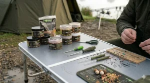 Close-up of a durable, mud-resistant bait table surface designed for messy carp fishing bait preparation.