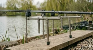 A heavy-duty stainless steel rod pod, demonstrating robust construction and a polished finish, set up for fishing on a wooden plank.