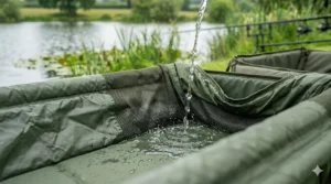 A detailed view of the mesh drainage system on one of the best unhooking mats for effective water clearance.