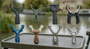 Variety of Y-frame designs for fishing catapults, from plastic to steel.