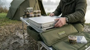 A lightweight, foldable fishing table being packed away into a tackle bag for transport.