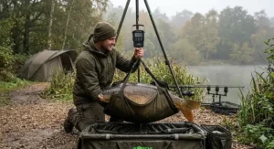 A digital handheld carp fishing scale displaying a weight, held over a padded unhooking mat.