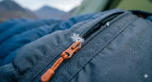 A detailed shot of a robust sleeping bag zip with an insulated baffle and small snowflakes, demonstrating protection against the elements.