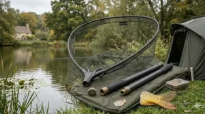 A compact, waterproof carry bag for storing a 42-inch landing net and handle.