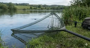 A large 50-inch landing net with a deep, fish-friendly mesh ready for specimen angling. 50 inch landing nets