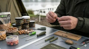 An adjustable leg bait table used as a stable rigging station on uneven carp fishing banks.