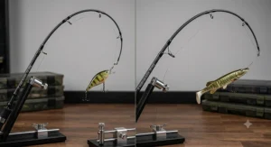 Side-by-side comparison of rod tip flex between a 7ft and 8ft lure rod when retrieving pike lures.
