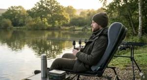 A multi-use angling pillow being used for head support while watching rods, demonstrating comfort during active fishing.
