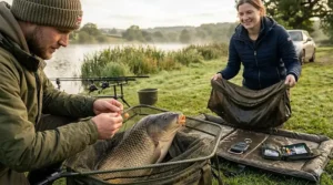 A couple carefully transferring a caught carp from the water into a landing net.