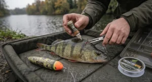 Close-up shot of a large European perch lying on a padded unhooking mat, with a detailed multi-hook wire trace rig precisely pinned to its back near the dorsal fin. Pliers, trace spool, and tackle box are in the foreground.