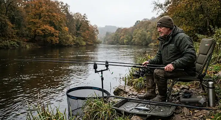 An angler sitting on a padded chair next to two pike deadbait rods mounted on a rod pod with buzzer bars, set up on a grassy riverbank during a grey, overcast day in autumn. A large landing net and unhooking mat with a deadbait fish are in the foreground. Best Deadbait Rod for Pike