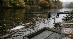 A close-up of a large, patterned pencil float rig floating in the dark, reflective river water next to a stone-paved bank. The float is labelled 'RAGE PREDATOR PENCIL FLOAT'. Padded unhooking mat and rod butt are visible in the foreground.