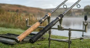 Side-by-side comparison of a classic full-cork handle and a modern ergonomic EVA split-grip handle on two pike rods.