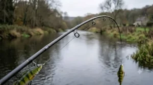 Close-up showing the rod tip action of a pike lure rod under tension, demonstrating sensitivity for jigging.