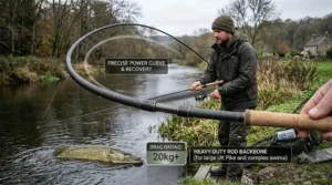 Demonstrating the strong backbone of a heavy-duty pike lure rod, capable of handling large pike in snaggy UK swims.