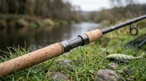 Ergonomic high-grade cork handle on a pike lure rod, designed for comfort during long sessions on UK waters.