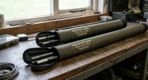 Illustration showing the packed-down length difference between a 7ft and 8ft two-piece pike rod for easy transport.