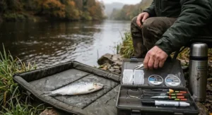 A detailed close-up shot of a padded, quilted unhooking mat on a riverbank, holding a whole silver deadbait fish with a multi-hook wire trace attached, and a clear plastic tackle box containing assorted pike rigs and tools. A Stanley thermos flask is next to the mat.