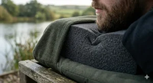 A compact, inflatable fishing pillow being packed into a tackle bag, highlighting portability for mobile anglers.