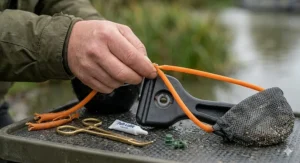 Step-by-step view of replacing elastic on a standard coarse fishing catapult.