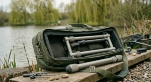A symmetric three-rod fishing setup using individual, matching grey anodised aluminium banksticks instead of a single rod pod frame.