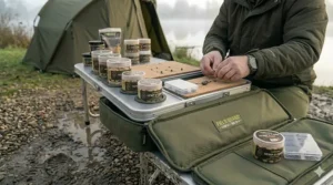 A sturdy bait table with mud-feet legs set up on a muddy bank during a carp fishing session.
