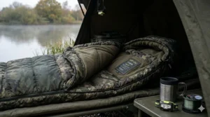 Close-up of the breathable, thermal-lined interior of a 3-season fishing sleeping bag.